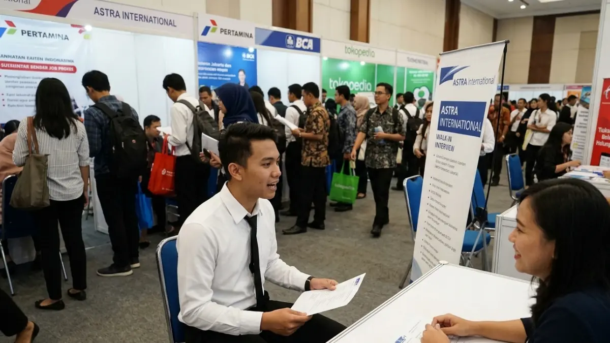 Pencari kerja mengikuti proses rekrutmen dalam bursa kerja. Ketidaksesuaian kompetensi lulusan dengan kebutuhan industri menjadi salah satu sorotan Kemnaker terkait tingginya pengangguran terdidik. (Gemini AI)