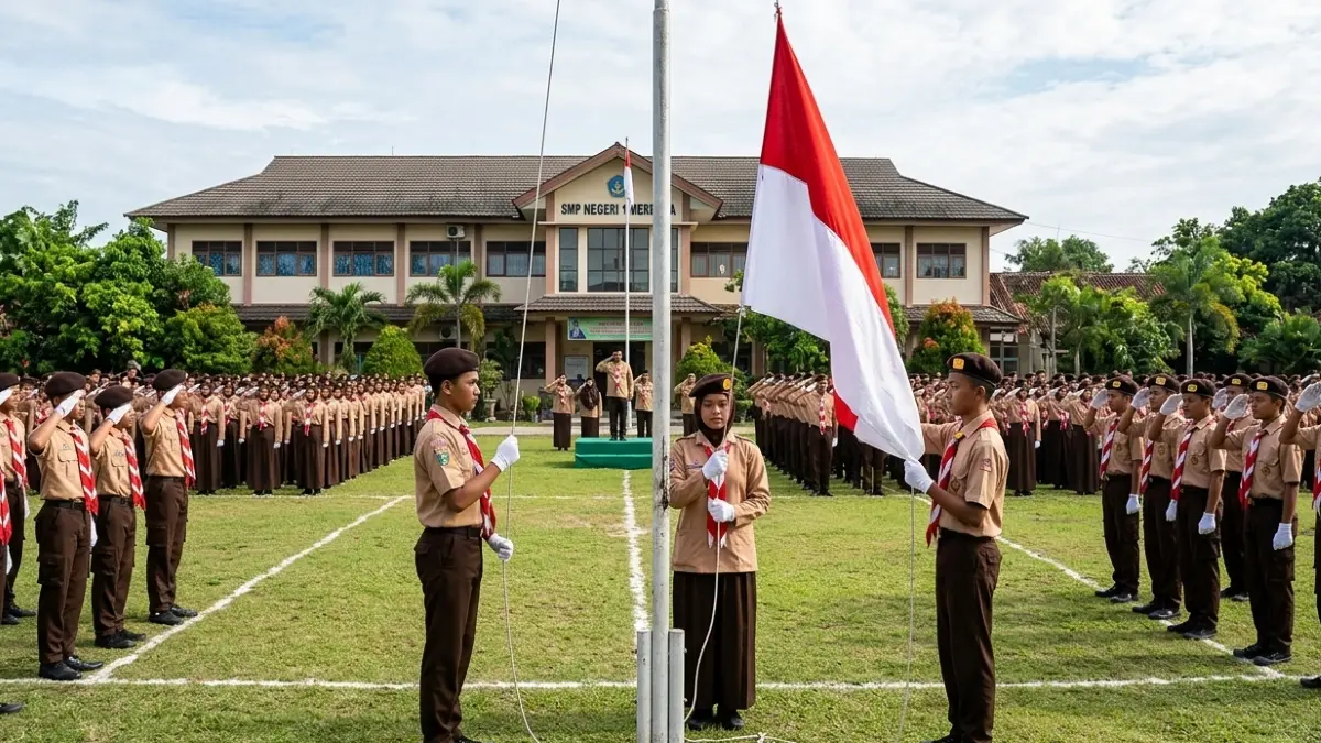 Peserta mengikuti upacara Hari Pramuka dengan tertib. Peringatan Hari Pramuka ke-65 pada 14 Agustus 2026 mengusung tema “Memantapkan Langkah Organisasi Mendukung Swasembada Pangan Menuju Indonesia Emas 2045”. (Gemini AI)