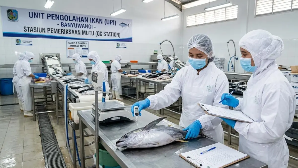 Petugas melakukan pemeriksaan proses pengolahan produk perikanan di UPI. Inspeksi bersama KKP dan otoritas Turkiye menjadi tahapan untuk membuka akses ekspor bagi lebih banyak UPI Indonesia. (Gemini AI)