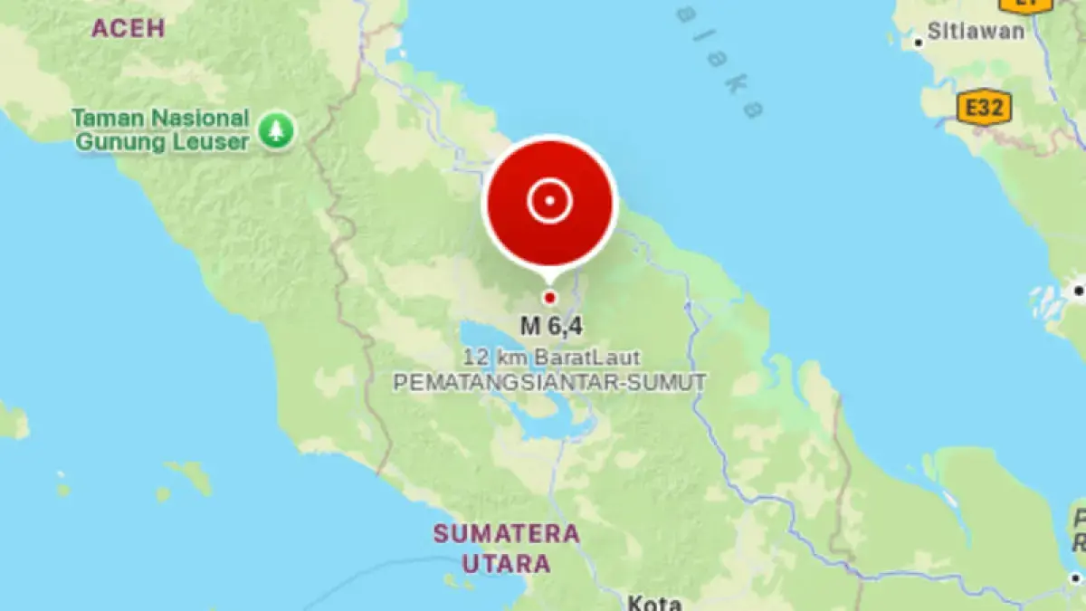 Peta pusat gempa bumi tektonik berkekuatan magnitudo (M) 6,4 yang mengguncang wilayah Kabupaten Simalungun, Sumatera Utara, Sabtu (15/8/2026) pukul 17.54.52 WIB. (Foto: bmkg.go.id)