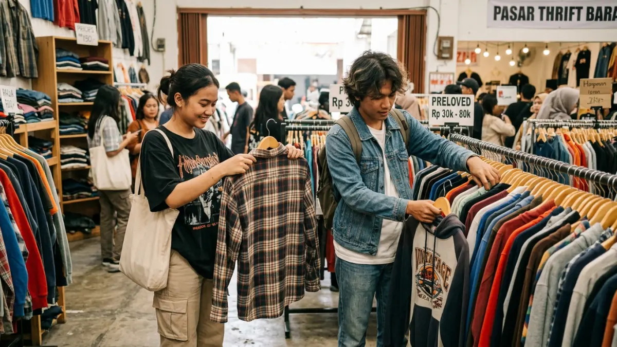 Anak muda memilih pakaian preloved saat berburu outfit. Selain harga terjangkau, keunikan model menjadi salah satu daya tarik utama tren thrifting. (Gemini AI)