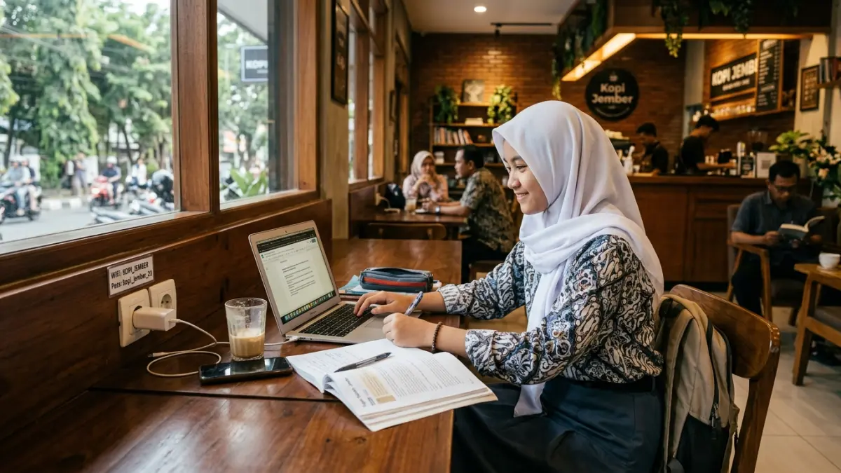 Seorang pelajar mengerjakan tugas di kafe. Suasana yang berbeda dari rumah serta fasilitas pendukung membuat kafe mulai dimanfaatkan sebagai ruang belajar alternatif. (Gemini AI)