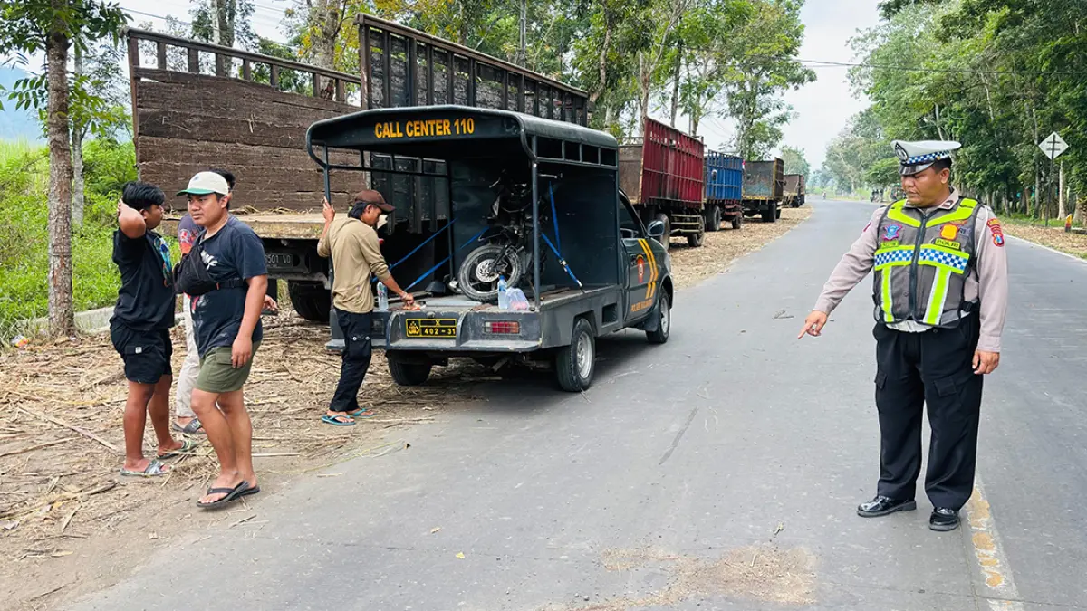 TKP: Kanit Lantas Polsek Kalibaru Aipda Aries Prasetyanto menunjukkan lokasi AP terlindas truk hingga meninggal dunia di wilayah Dusun Sidodadi, Desa Karangharjo, Kecamatan Glenmore, Minggu (16/8). (Aries for Radar Banyuwangi)