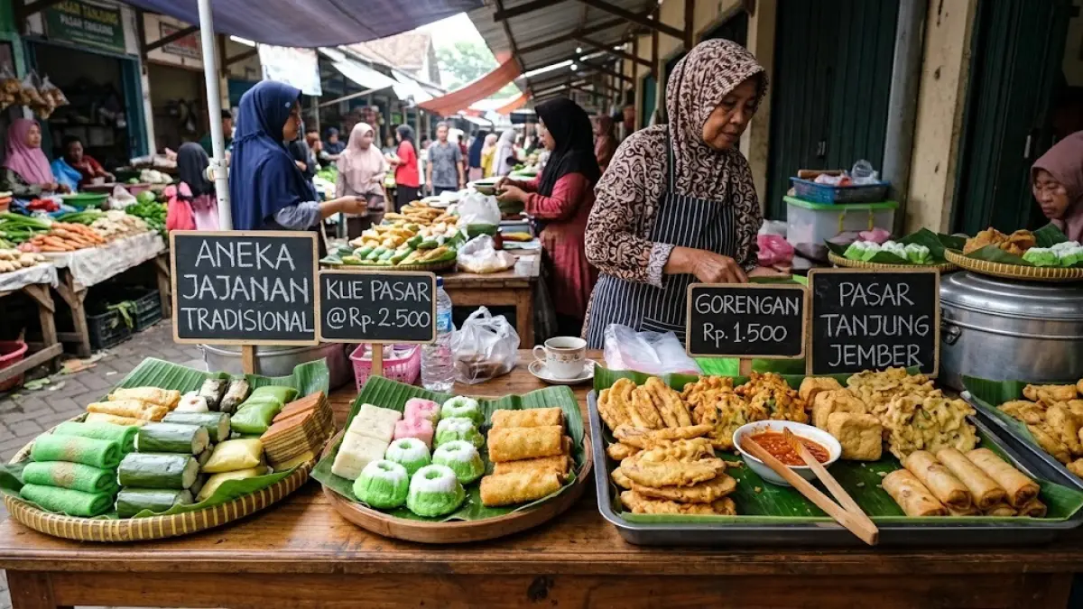 Aneka jajanan tradisional masih menjadi pilihan masyarakat karena menawarkan rasa yang familiar dengan harga relatif terjangkau. (Gemini AI)