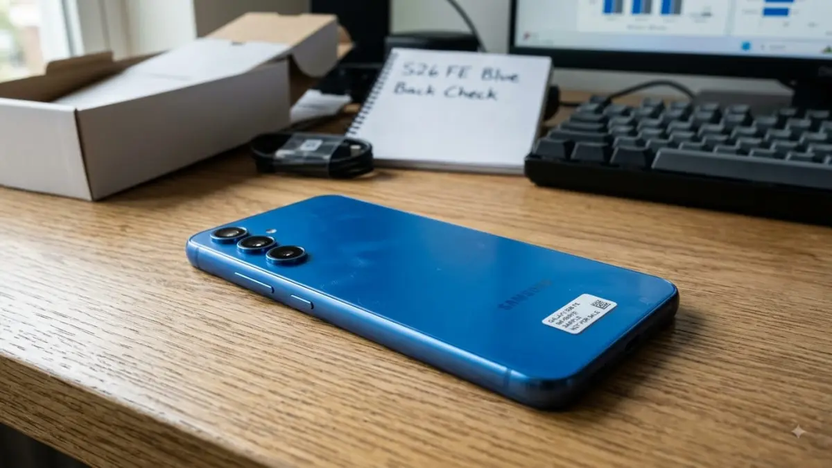 Bocoran tampilan Samsung Galaxy S26 FE memperlihatkan modul kamera berbentuk pil yang disebut Ambient Island. (Gemini AI)
