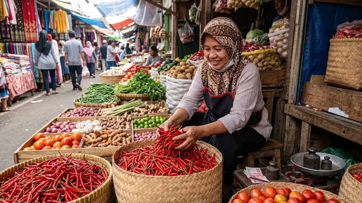 Harga cabai rawit merah menjadi salah satu komoditas pangan yang tercatat tinggi, yakni mencapai Rp66.350 per kilogram berdasarkan data PIHPS Nasional yang dikelola Bank Indonesia. (Gemini AI)