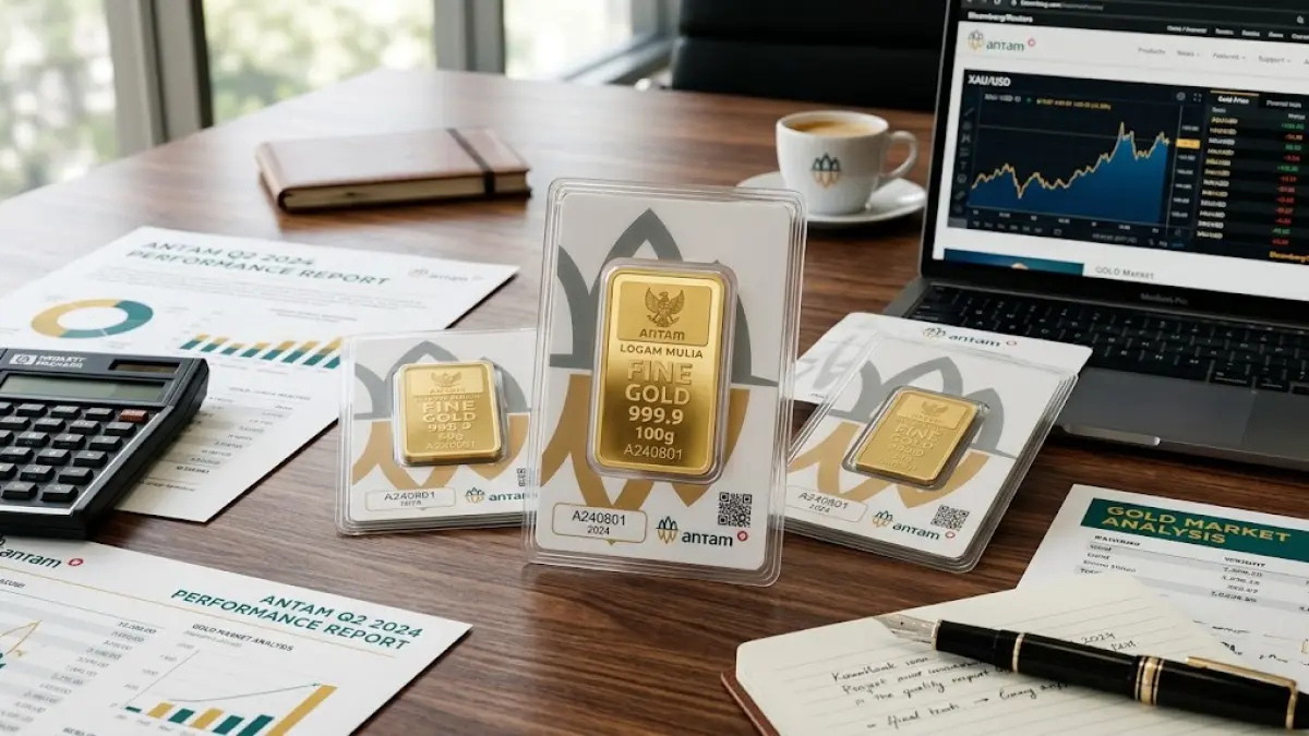 Harga emas batangan Antam naik Rp18.000 menjadi Rp2.695.000 per gram, sementara harga buyback berada di level Rp2.555.000 per gram pada pantauan Selasa (18/8) pukul 08.49 WIB. (Gemini AI)