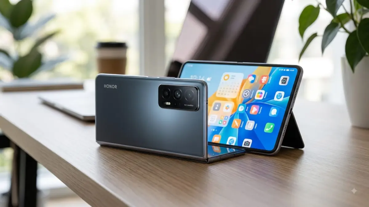 Ilustrasi ponsel lipat Honor yang dikabarkan tengah diuji dengan chipset Snapdragon 8 Elite Gen 6 Pro. (Gemini AI)
