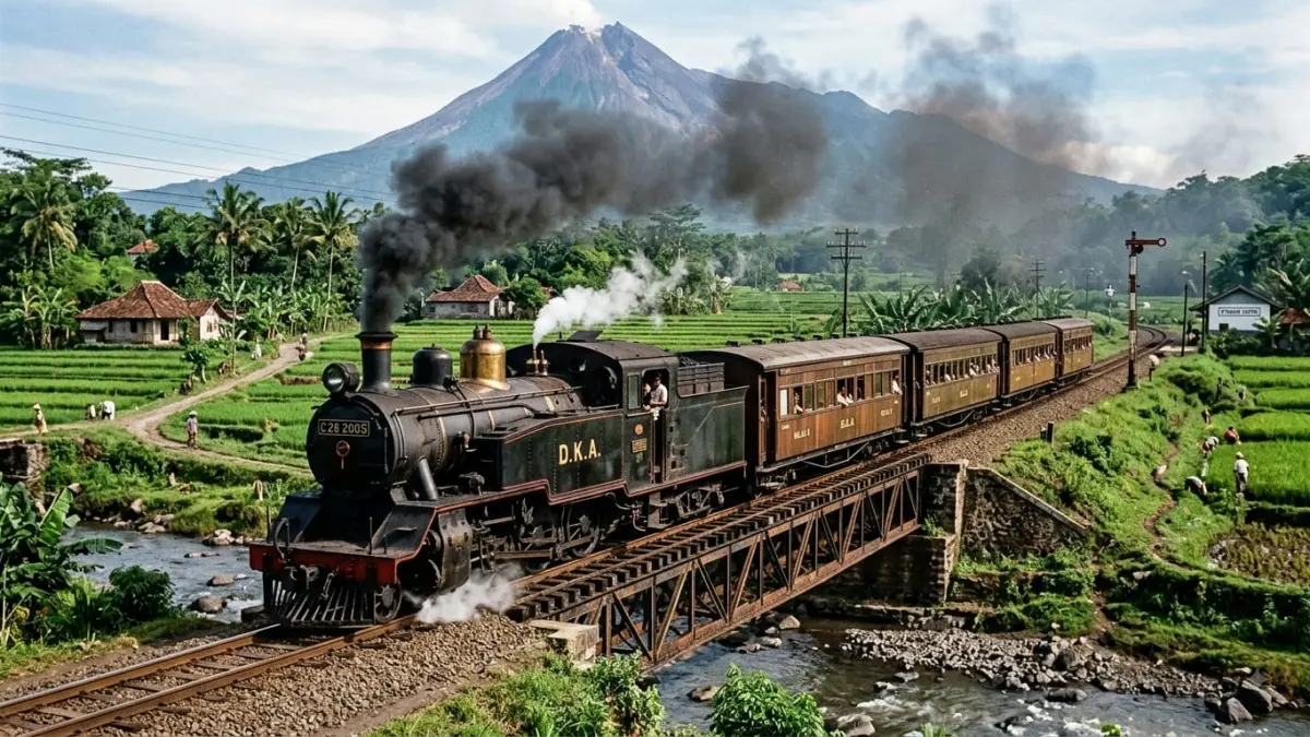 Jaringan kereta api yang dibangun pada era kolonial kemudian bertransformasi menjadi infrastruktur strategis bagi Republik Indonesia setelah kemerdekaan. (Gemini AI)