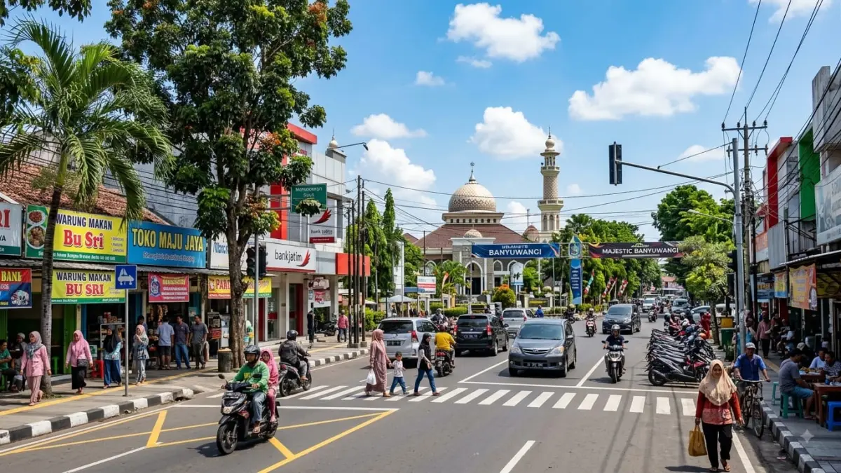 Langit cerah mengiringi aktivitas warga Banyuwangi pada siang hari, Selasa (18/8). BMKG memprakirakan suhu mencapai 31 derajat Celsius dengan indeks UV berada pada level ekstrem. (Gemini AI)