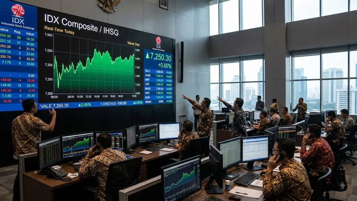 Layar perdagangan saham di Bursa Efek Indonesia. IHSG berpeluang melanjutkan penguatan dan menguji level 6.450 pada perdagangan Selasa (18/8), meski investor masih dibayangi aksi jual asing serta agenda kebijakan moneter. (Gemini AI)
