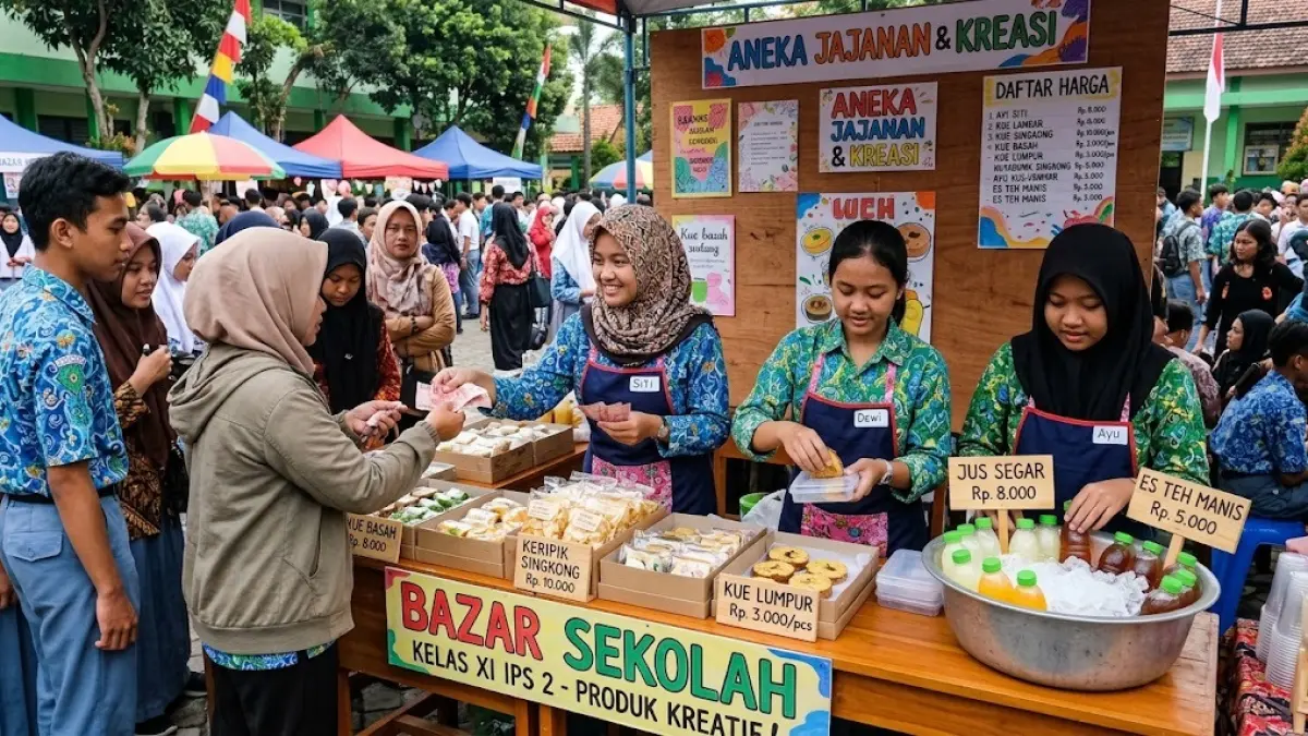 Pelajar melayani pembeli saat kegiatan bazar sekolah. Selain menjadi ajang berjualan, kegiatan ini menjadi sarana siswa belajar mengelola modal, menentukan harga, berpromosi dan bekerja sama dalam tim. (Gemini AI)