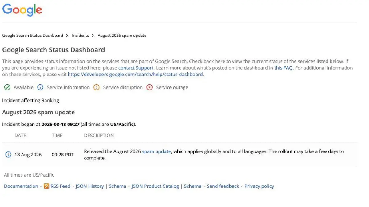Google merilis August 2026 Spam Update secara global. Media diminta tak panik, cek Search Console dan hindari konten rewrite massal. (Tangkapan Layar)
