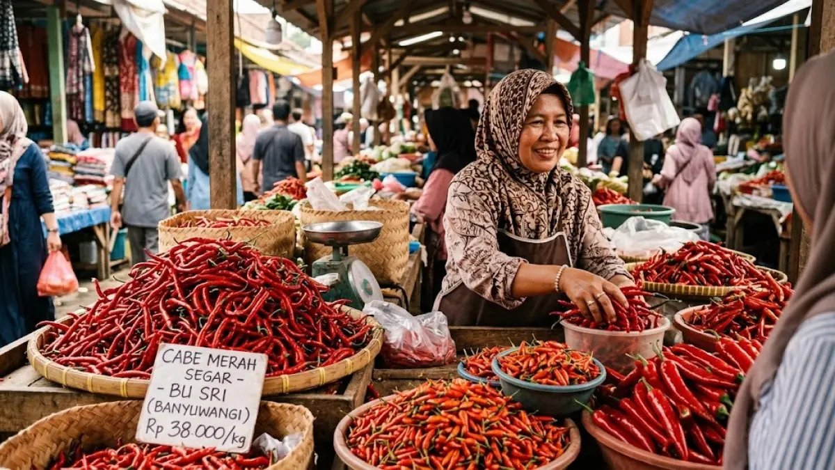 Harga cabai merah keriting di Banyuwangi turun 18,46 persen menjadi Rp26.500 per kilogram pada 19 Agustus 2026. (Gemini AI)