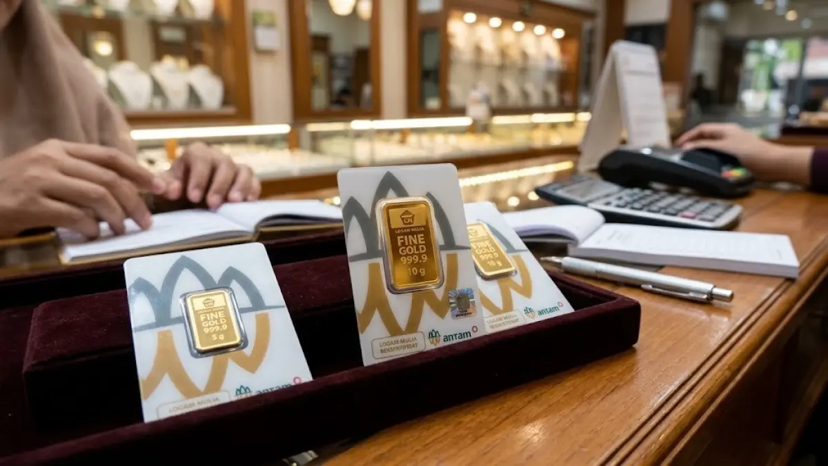 Ilustrasi emas batangan Antam. Harga emas Antam turun Rp50.000 menjadi Rp2.645.000 per gram, sedangkan harga buyback berada di level Rp2.505.000 per gram berdasarkan pemantauan Rabu pukul 08.54 WIB. (Gemini AI)