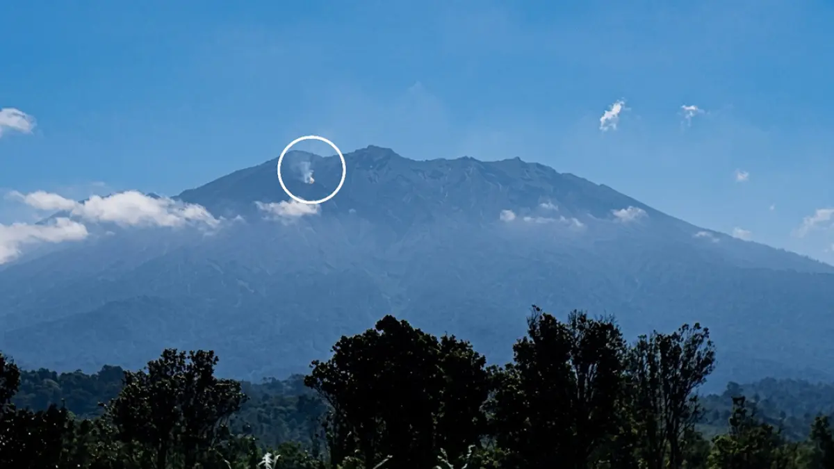 Kepulan asap di selatan puncak Gunung Raung terus membesar. BPBD Jatim dan Perhutani menyelidiki dugaan kebakaran lahan atau api unggun. (Salis Ali/Radar Banyuwangi)