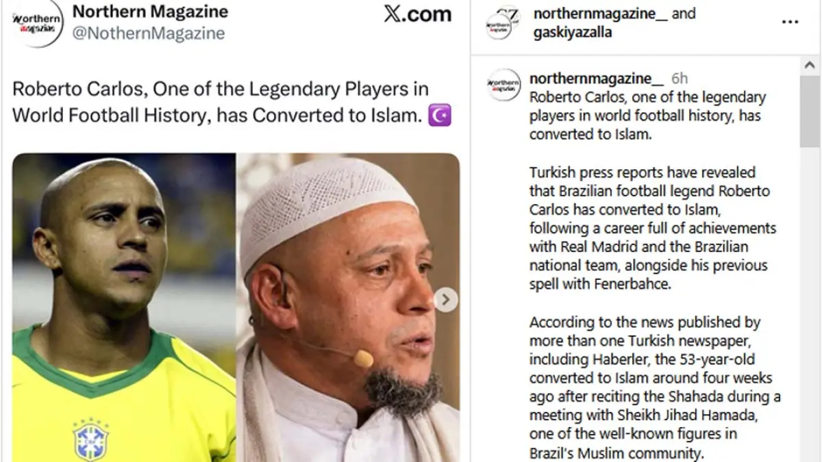 Roberto Carlos disebut mualaf setelah mengucapkan syahadat di Brasil empat pekan lalu. Namun, sang legenda belum memberi konfirmasi resmi. (Instagram @northernmagazine__ and @gaskiyazalla)