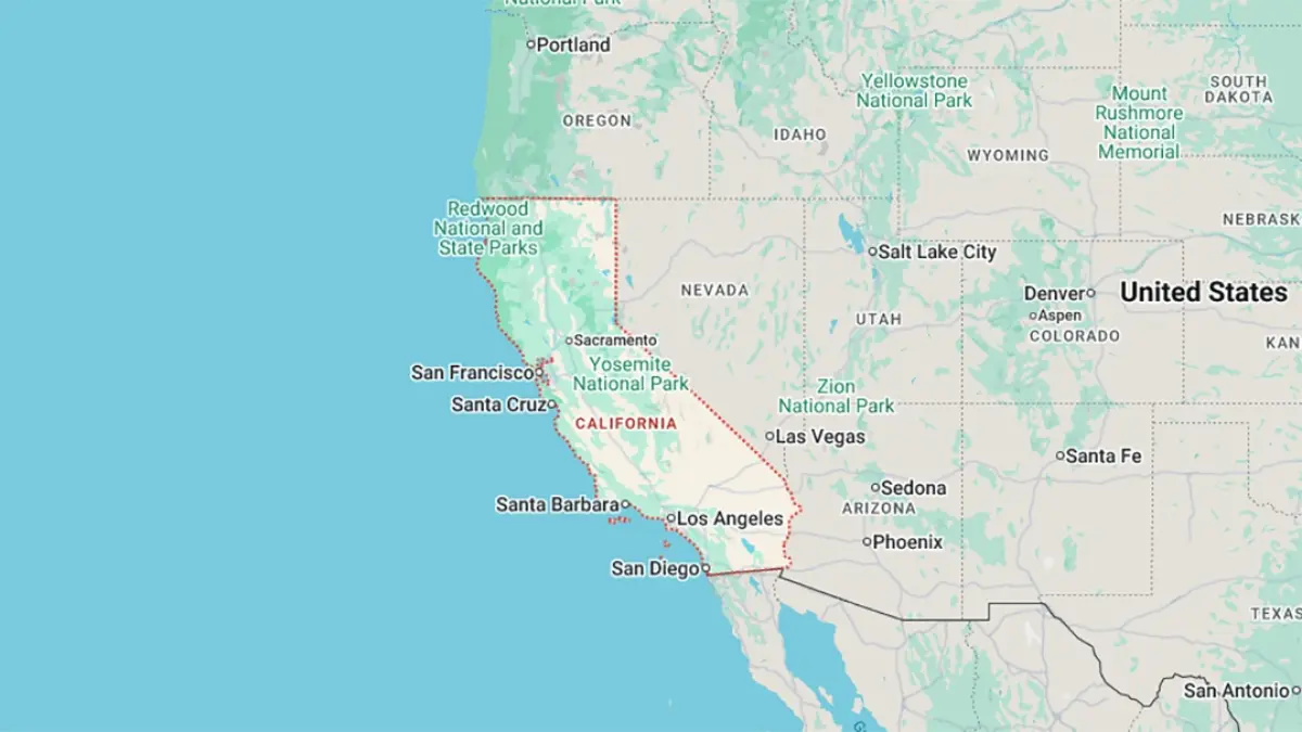 Peta negara bagian California AS. (Google Maps)