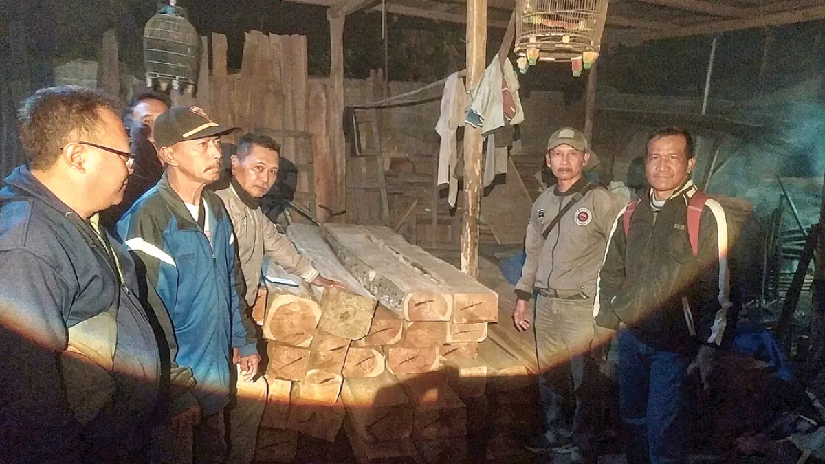 Petugas gabungan dari Perhutani dan Polsek Pesanggaran menemukan BB kayu jati gelondongan hasil pembalakan liar di Dusun Krajan, Desa/Kecamatan Pesanggaran, Kamis dini hari (20/8). (Heru for Radar Banyuwangi)