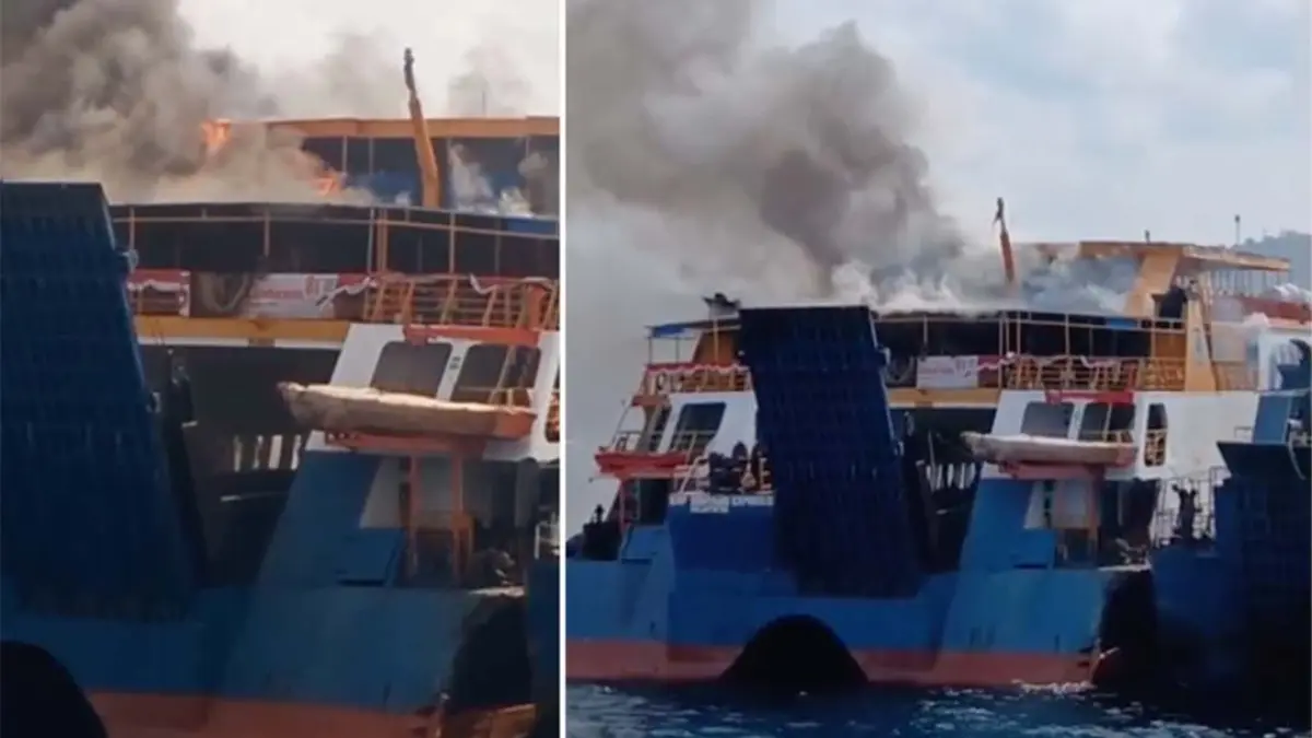 ASAP MEMBUBUNG TINGGI: Api membakar ruang laktasi KMP Bontang Express II yang sedang off di perairan dekat markas Lanal Banyuwangi, Jumat siang (21/8). (TANGKAPAN LAYAR)