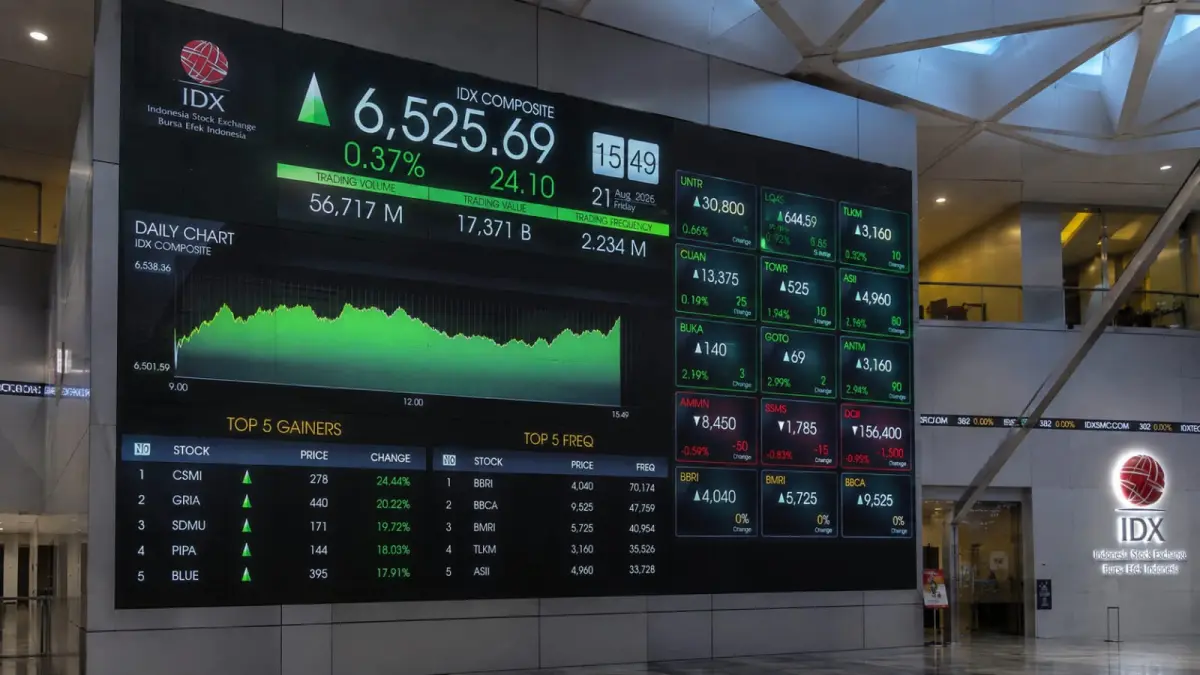 IHSG ditutup menguat 24,10 poin atau 0,37 persen ke level 6.525,69 pada perdagangan Jumat, 21 Agustus 2026. (ChatGPT)