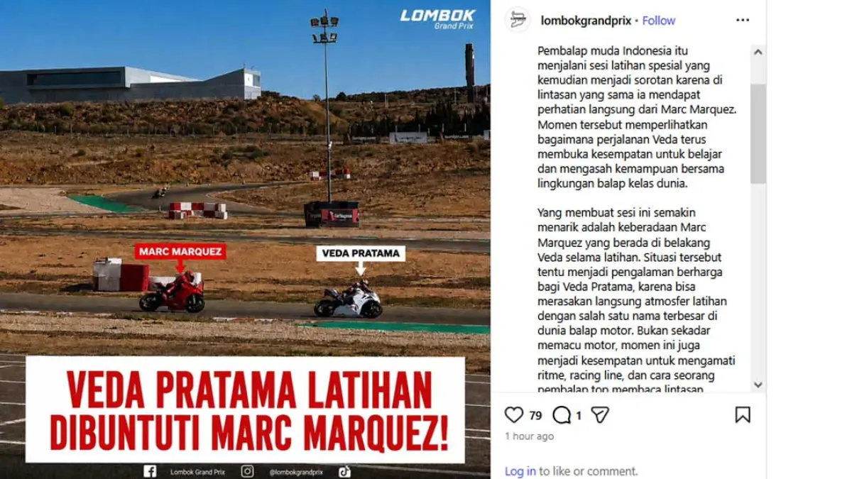 Veda Pratama mendapat pengalaman langka saat latihan bersama Marc Marquez. Momen ini menjadi bekal penting jelang persaingan Moto3 2026. (Instagram @lombokgrandprix)