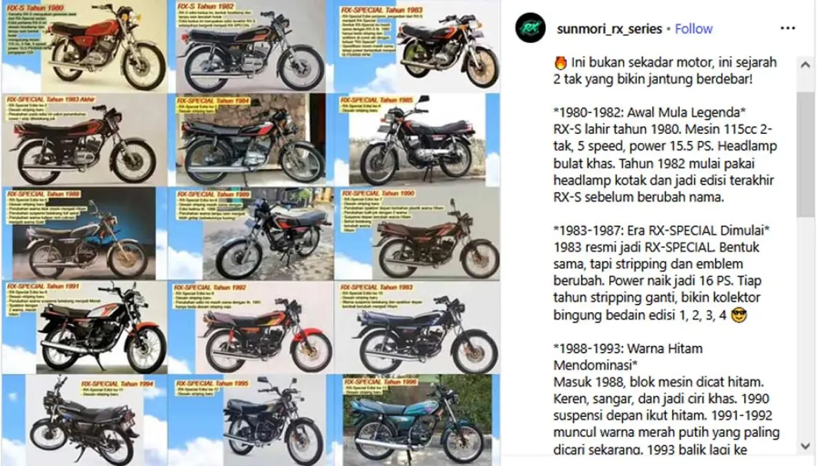 Yamaha RX, keluarga motor 2-Tak yang melahirkan Sang Raja Jalanan. (Instagram @sunmori_rx_series)