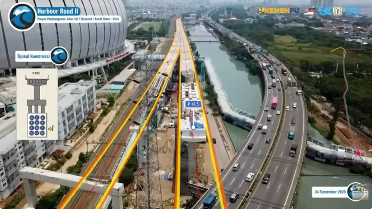 Tol Harbour Road II Ancol Timur-Pluit setinggi 38 meter menjadi tol elevated tertinggi Jakarta. Progres 44,12 persen dan ditargetkan rampung 2028. (Tangkapan Layar YouTube.com/PU BPJT)