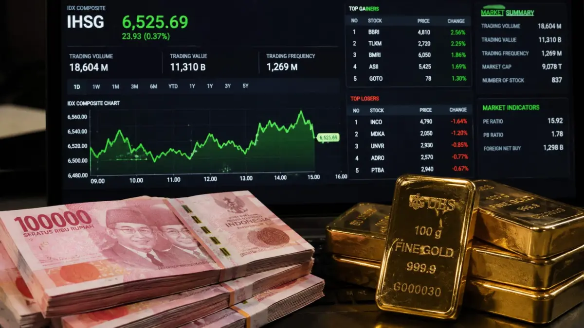 IHSG, rupiah, dan emas menjadi tiga indikator yang kembali menjadi perhatian pelaku pasar pada awal pekan, Senin, 24 Agustus 2026. (ChatGPT)