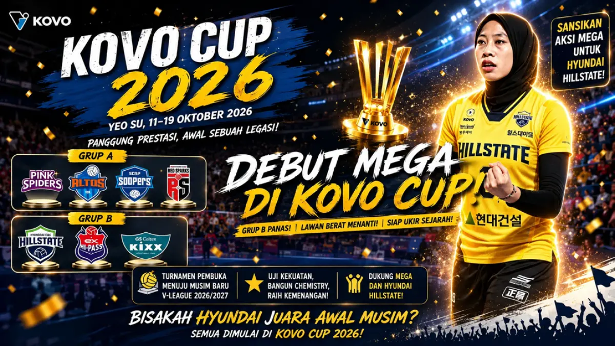 Megawati Hangestri dan Hyundai Hillstate masuk Grup B KOVO Cup 2026 bersama GS Caltex serta Hi-Pass. Misi juara langsung mendapat ujian berat. (FB @Sofia Aurel & Digubah ChatGPT)