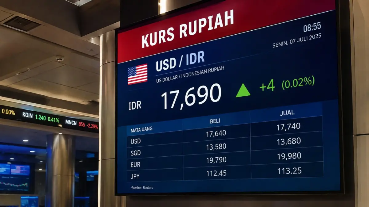 Nilai tukar rupiah menguat 4 poin menjadi Rp17.690 per dolar AS pada pembukaan perdagangan Senin. (ChatGPT)