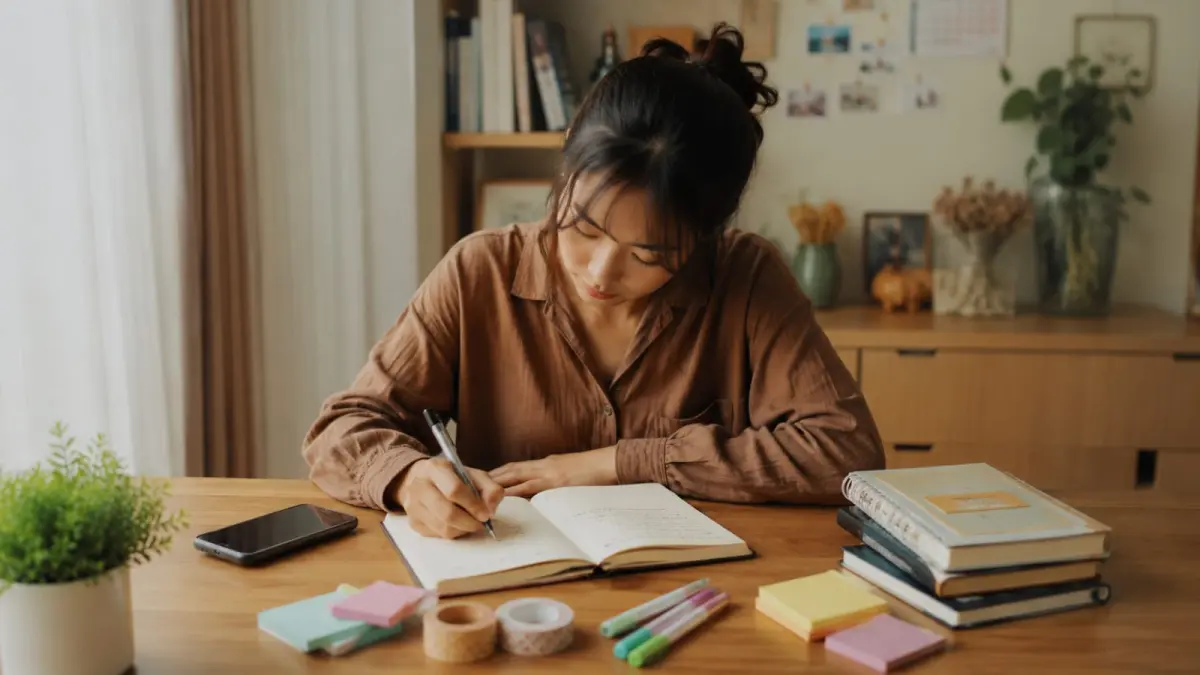Menulis jurnal secara manual menjadi salah satu cara untuk menciptakan ruang refleksi dan mengurangi distraksi dari aktivitas digital. (ChatGPT)