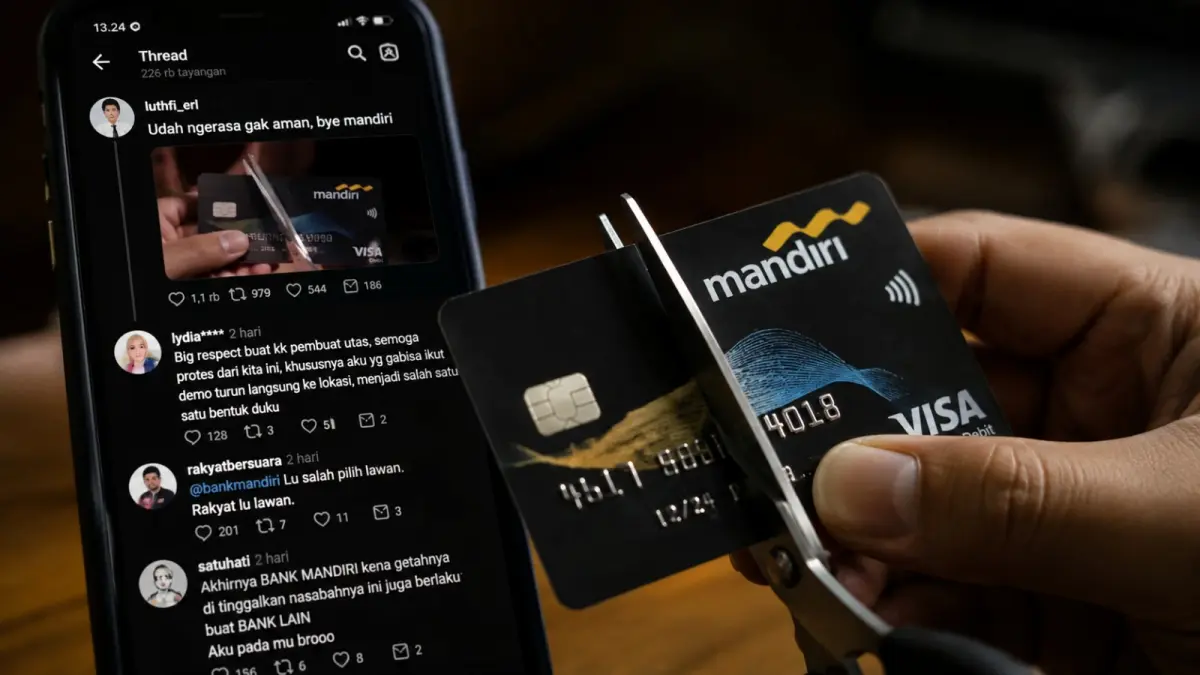 Aksi menggunting kartu ATM Bank Mandiri mencuat di media sosial setelah rekening aktivis Pati Supriyono alias Botok disebut diblokir menjelang rencana demonstrasi di depan Gedung DPR RI pada 27 Agustus 2026. (ChatGPT)