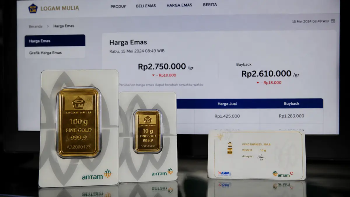 Harga emas Antam turun Rp18.000 menjadi Rp2,75 juta per gram pada perdagangan Rabu pagi, sementara harga buyback berada di Rp2,61 juta per gram. (ChatGPT)