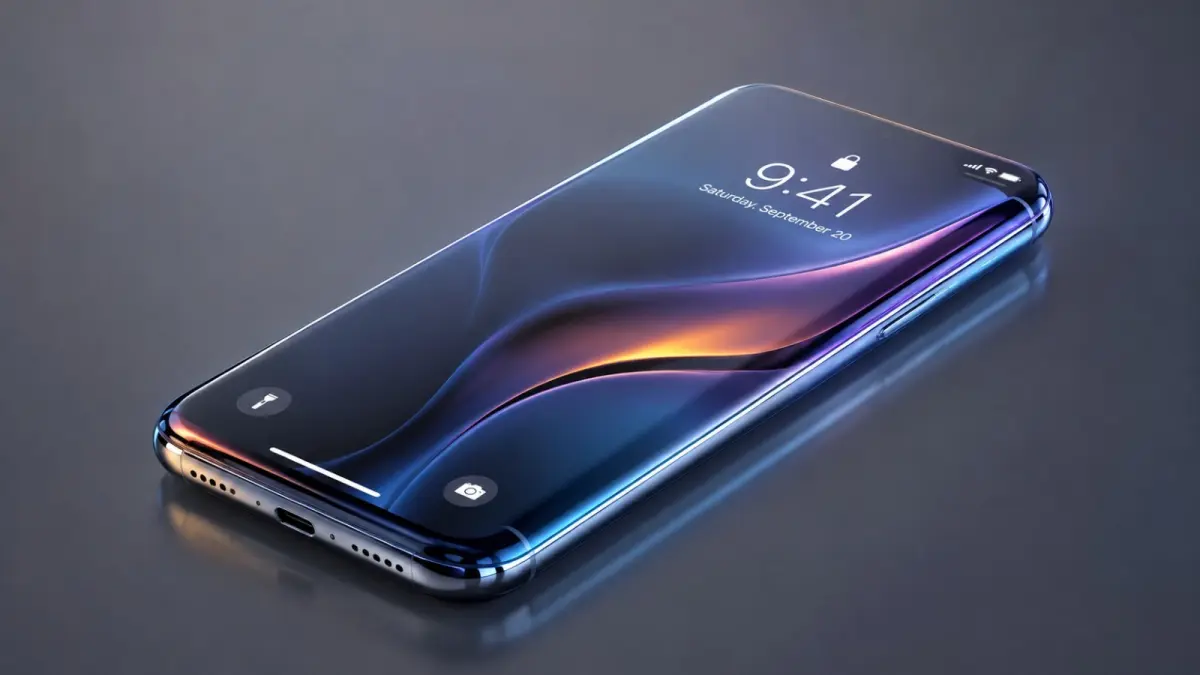 Ilustrasi konsep iPhone edisi ulang tahun ke-20 Apple yang dikabarkan mengusung desain kaca melengkung di seluruh sisi perangkat. Bocoran desain tersebut belum dikonfirmasi secara resmi oleh Apple. (ChatGPT)
