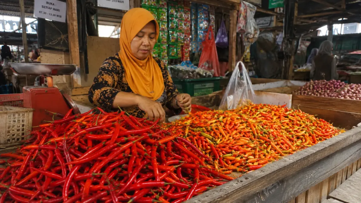Pedagang menata cabai di pasar tradisional. Harga cabai rawit merah di tingkat konsumen Banyuwangi tercatat Rp53.500 per kilogram. (ChatGPT)
