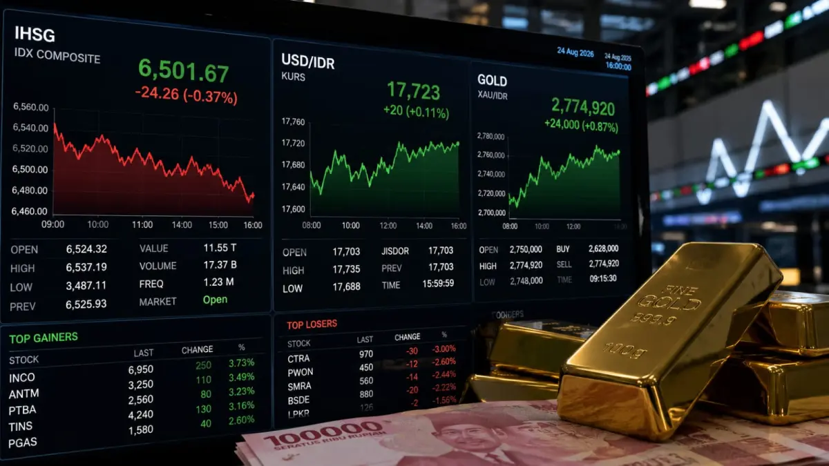 Pergerakan IHSG, nilai tukar rupiah, dan harga emas menjadi perhatian pelaku pasar Indonesia pada perdagangan Rabu, 26 Agustus 2026. (ChatGPT)