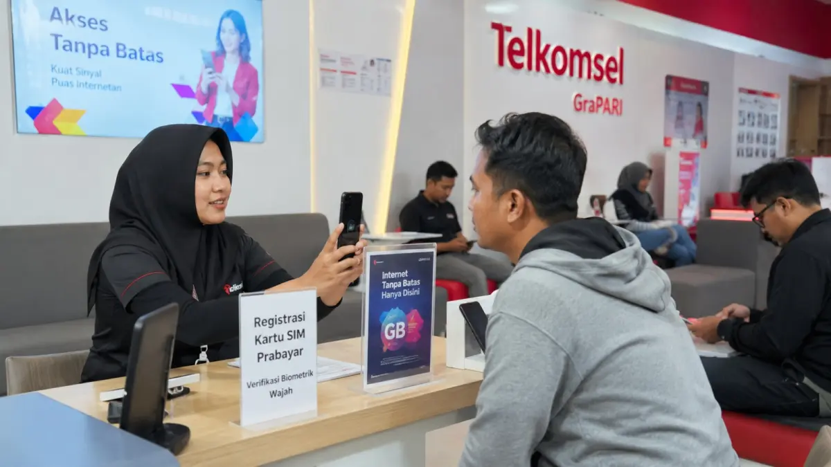 Petugas membantu pelanggan melakukan registrasi kartu SIM prabayar baru melalui verifikasi biometrik wajah. Pemerintah kini menutup metode registrasi menggunakan NIK dan nomor KK. (ChatGPT)