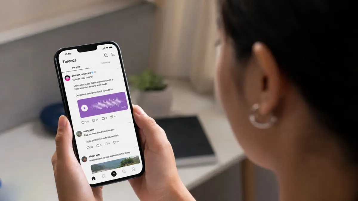 Threads menguji fitur transkripsi otomatis pada klip podcast yang memungkinkan pengguna mengikuti percakapan melalui teks meski audio perangkat dimatikan. (ChatGPT)