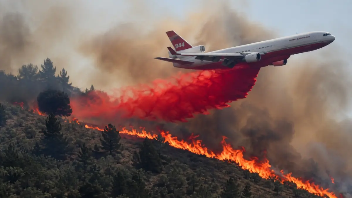 Air tanker menjatuhkan fire retardant untuk membantu memperlambat penyebaran kebakaran dan memberi waktu bagi petugas di darat untuk memperkuat garis pengendalian. (ChatGPT)