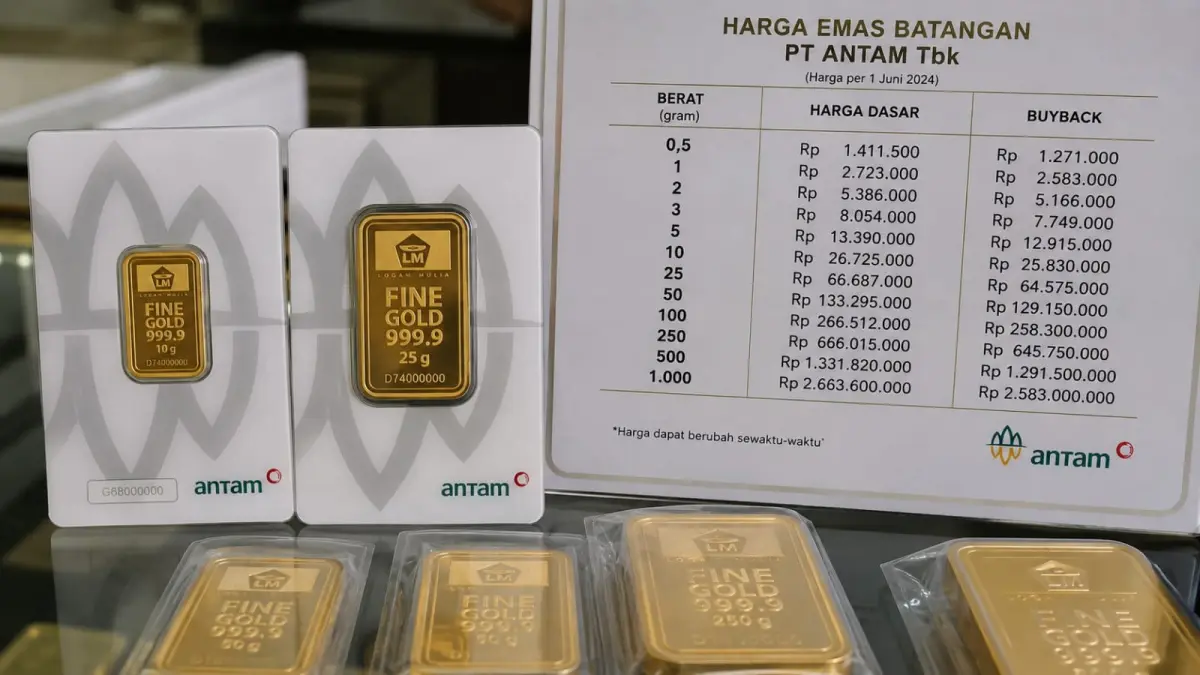 Emas batangan Antam. Harga emas Antam turun Rp27.000 menjadi Rp2.723.000 per gram pada Kamis (27/8) pagi, sementara harga buyback berada di level Rp2.583.000 per gram. (ChatGPT)