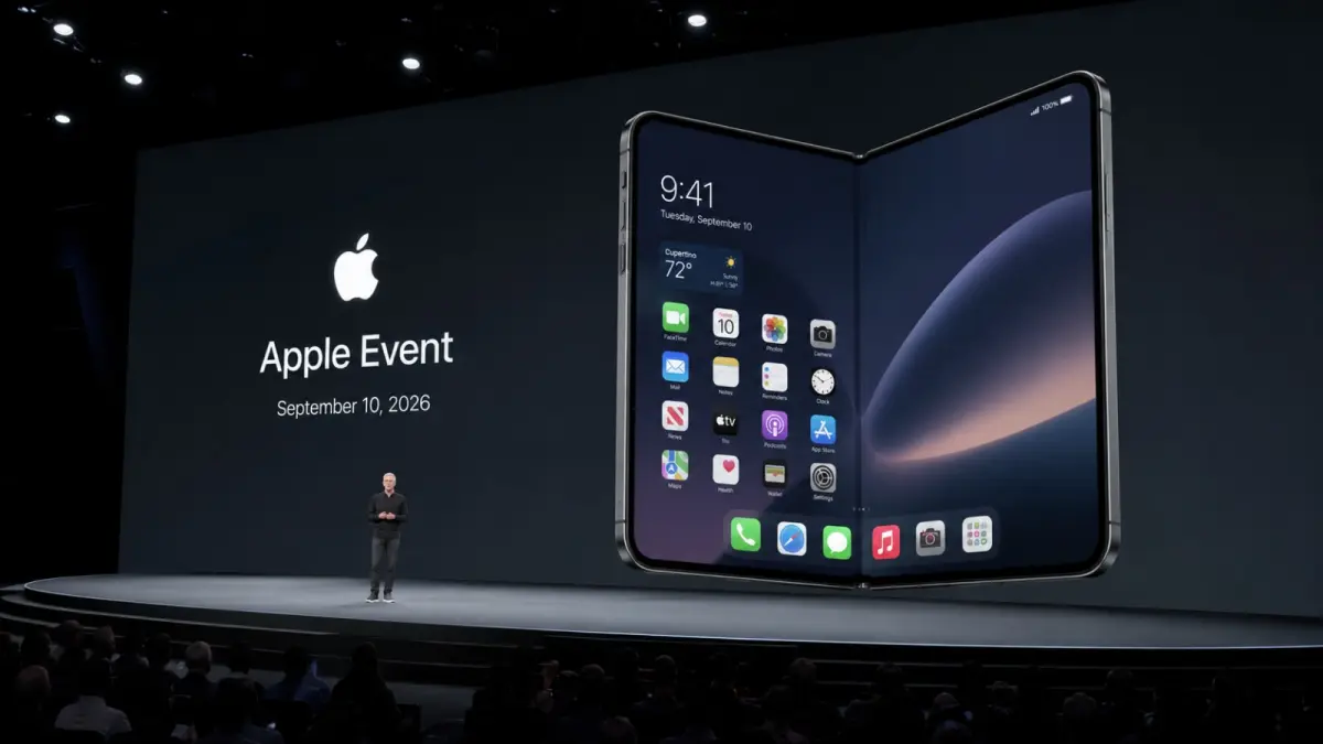 Ilustrasi iPhone lipat Apple yang diprediksi diperkenalkan dalam Apple Event pada 10 September 2026 waktu Indonesia. Desain dan spesifikasi perangkat masih menunggu konfirmasi resmi Apple. (ChatGPT)