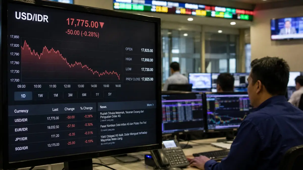 Pergerakan nilai tukar rupiah terhadap dolar AS pada perdagangan Kamis (27/8). Rupiah dibuka melemah 50 poin menjadi Rp17.775 per dolar AS di tengah penguatan dolar AS dan kenaikan yield obligasi pemerintah AS.