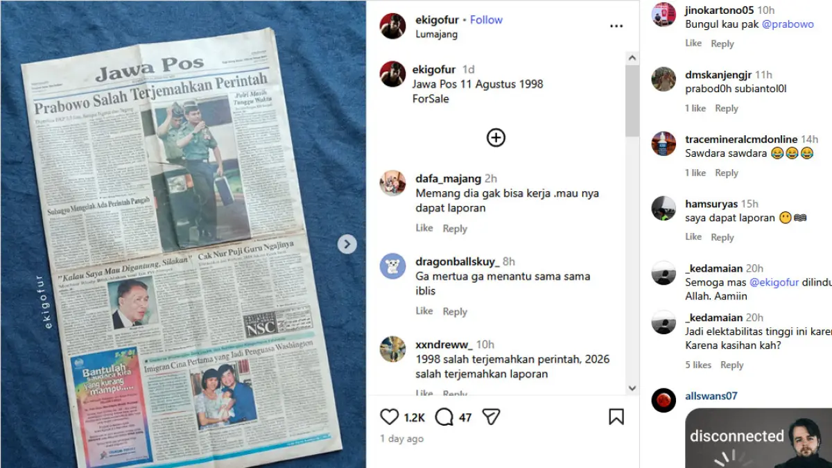 Arsip Jawa Pos edisi 11 Agustus 1998 soal Prabowo kembali viral. Ini konteks frasa “salah menerjemahkan perintah” dalam pemeriksaan DKP. (Instagram @ekigofur)