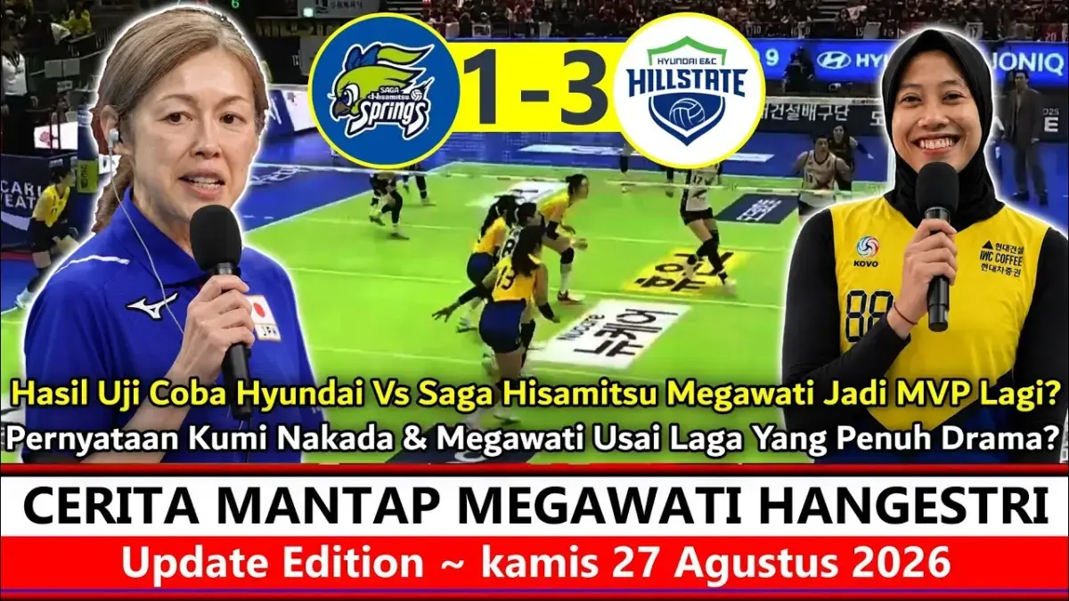 Megawati Hangestri Pertiwi cetak 38 poin dan meraih MVP saat bawa Hyundai Hill State tekuk klub Jepang. Pelatih Kumi Nakada berikan pujian setinggi langit. (Trenggalek Njenggelek)