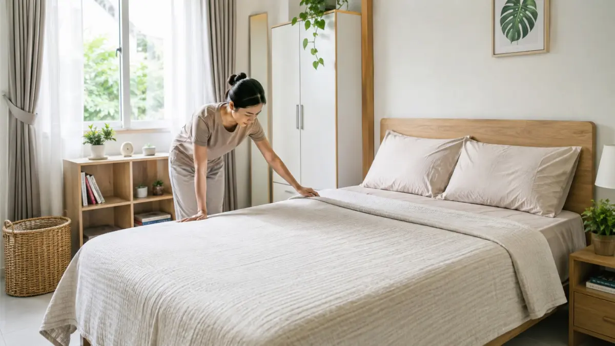 Menjaga kamar tetap rapi dapat dimulai dari kebiasaan sederhana, seperti merapikan tempat tidur setelah bangun. (ChatGPT)
