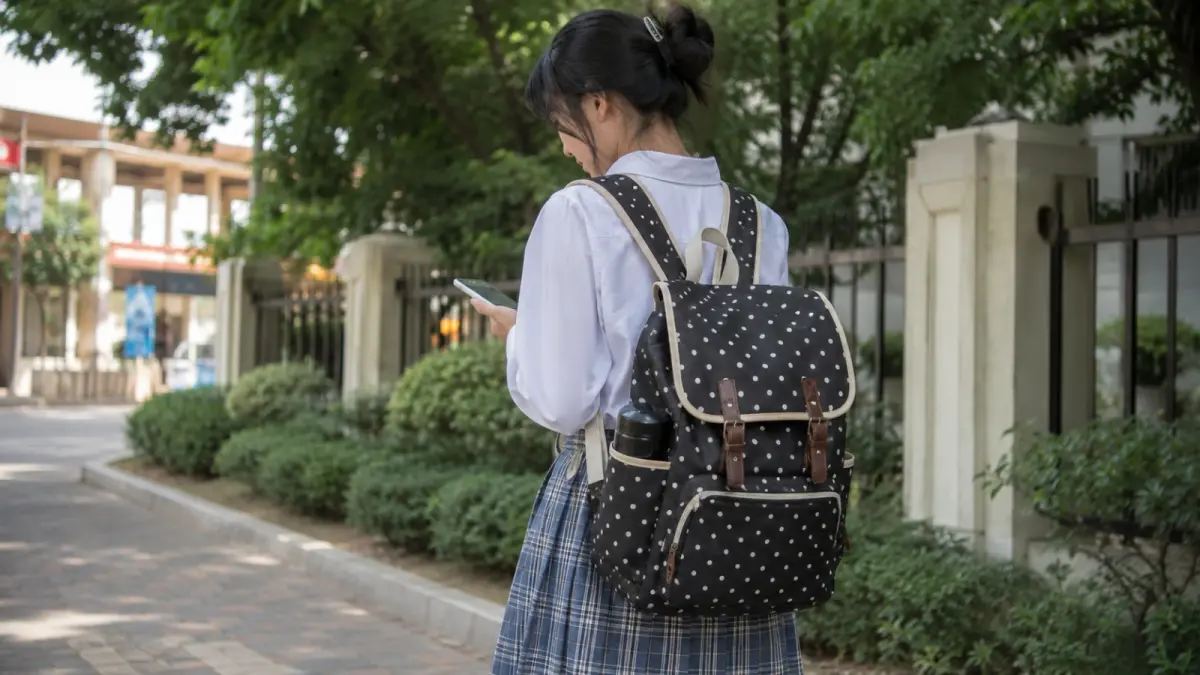 Ransel bermotif polkadot mulai menarik perhatian pelajar dan mahasiswa karena memadukan desain bergaya retro dengan sejumlah kompartemen untuk membawa perlengkapan sehari-hari. (ChatGPT)