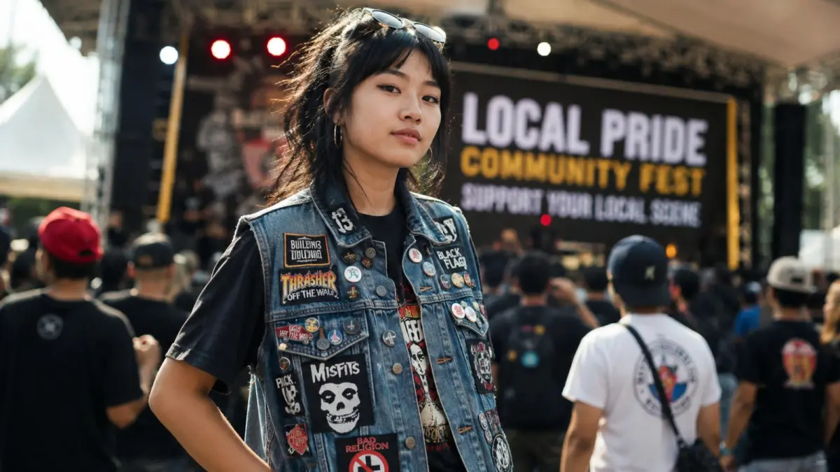 Rompi denim penuh patch kembali menjadi pilihan anak muda untuk mengekspresikan selera musik, kreativitas, dan identitas melalui gaya streetwear. (ChatGPT)