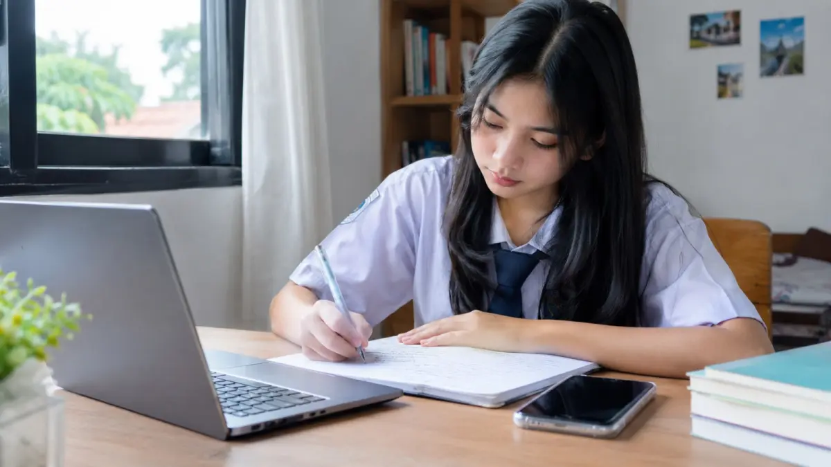 Seorang pelajar mencatat materi menggunakan tulisan tangan. Di tengah kemudahan perangkat digital, sebagian pelajar masih memilih cara tersebut karena merasa lebih nyaman membaca dan menuliskan kembali materi saat belajar. (ChatGPT)