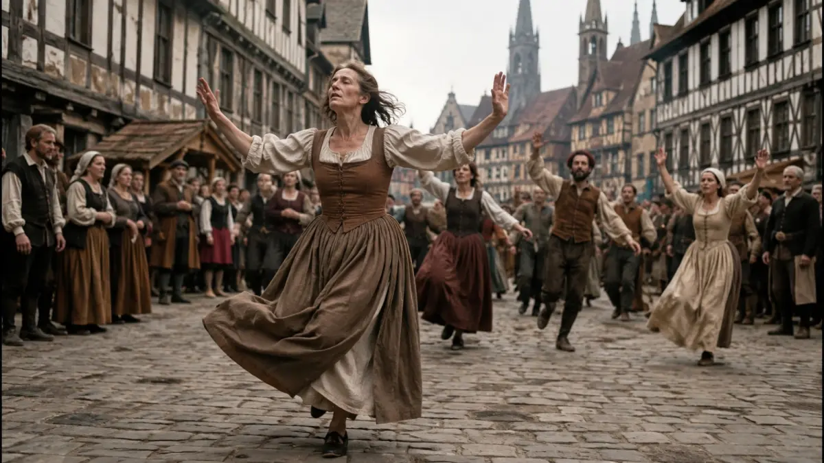 Ilustrasi Wabah Menari Strasbourg 1518, ketika ratusan warga dilaporkan mengalami dorongan untuk menari tanpa kendali di tengah tekanan sosial dan krisis kehidupan. (ChatGPT)